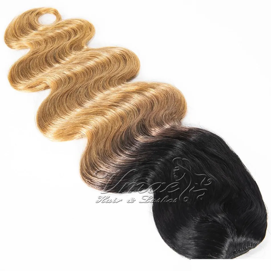 Brazilian Two Tone Blonde Ombre Color 12 to 26 inch #1B/27 120g Body Wave Drawstring Ponytail Virgin Human Hair Extension