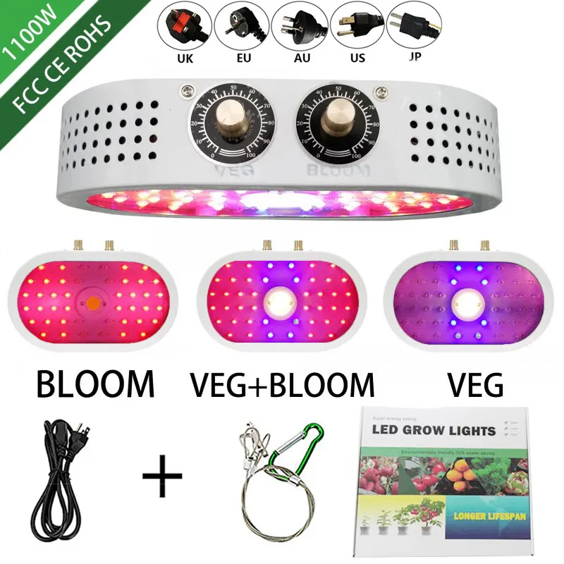 1100 W LED Grow Light 85-265V Podwójny przełącznik Ściemnialny Pełny Spektrum Grube Lampy do Namiot Sadzonki Kryty Kwiat Greenhouse Fitolamp Rośliny Lampa