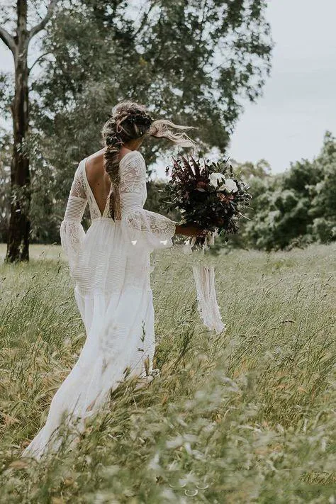 Bohemian Lace Bishop Sleeve Wedding Dress With V Neck And Long
