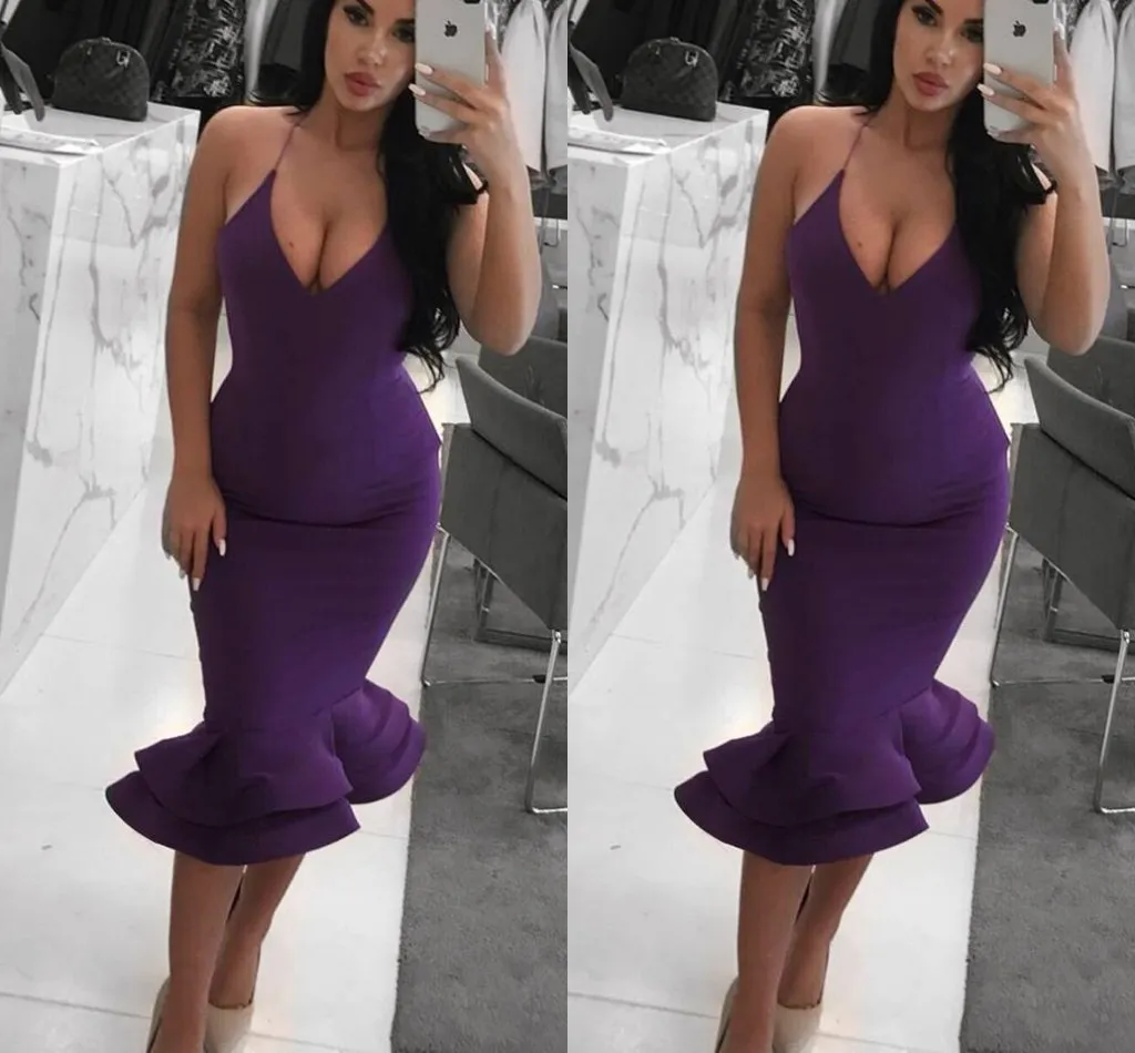 Purple Mermaid Sexy Short Prom Dresses Halter Neck Dubai Arabic Simple Gowns Formal Club Birthday Evening Wear Special Ocn Dress