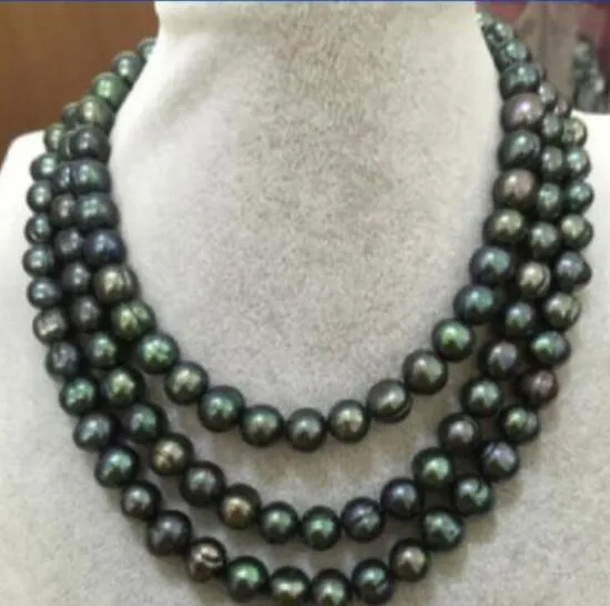 50 "Ogromny Naturalny 9-10mm South Sea Black Pearl Necklace 925Silver Gold Clipp