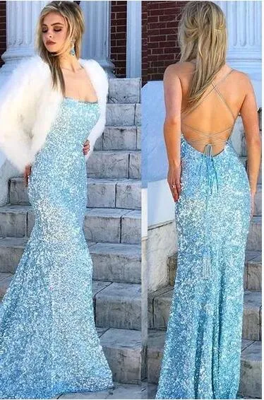 2020 Ny Sky Blue Sequin Formell Elegant Evening Klänningar Backless Mermaid Prom Klänningar Lång Afrikansk Särskilt tillfälle Klänningar Abendkleider