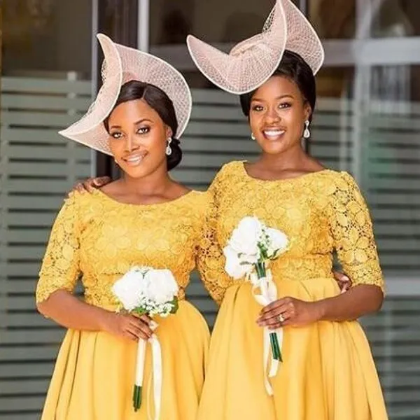Yellow Lace Yellow Gold Bridesmaid Dresses 2021 African Style