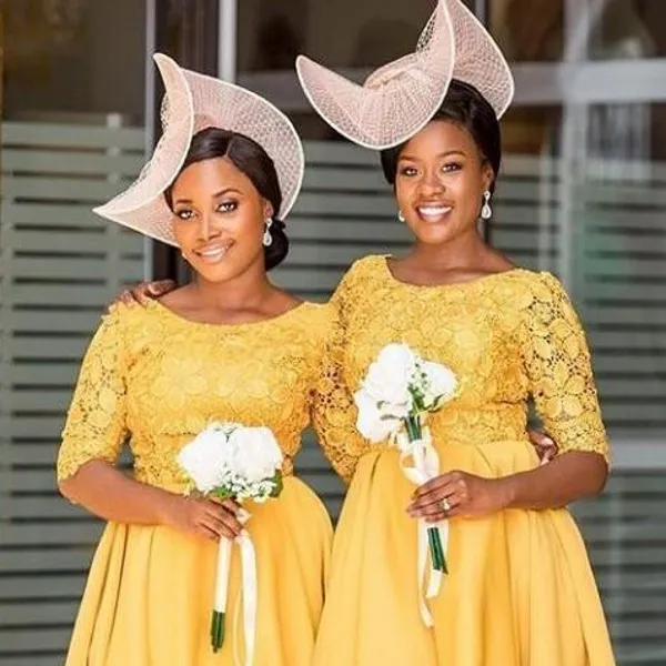 Yellow Lace Yellow Gold Bridesmaid Dresses 2021 African Style, Half Sleeve,  Knee Length, Satin Fabric Perfect For Wedding Guests And Parties AL6023  From Allloves, $63.42