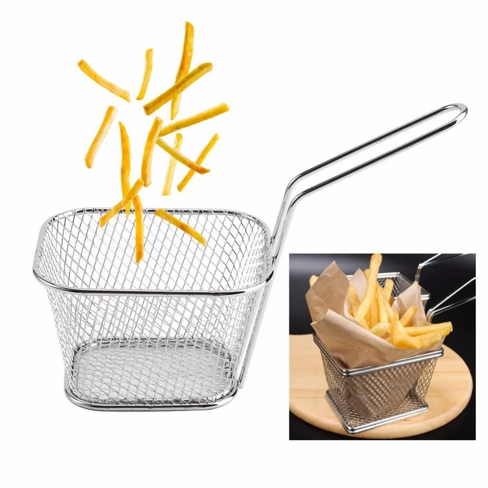 8Pcs Mini Fry Baskets Stainless Steel Fryer Basket Strainer Serving Food Presentation Cooking French Fries Basket Kitchen Tool