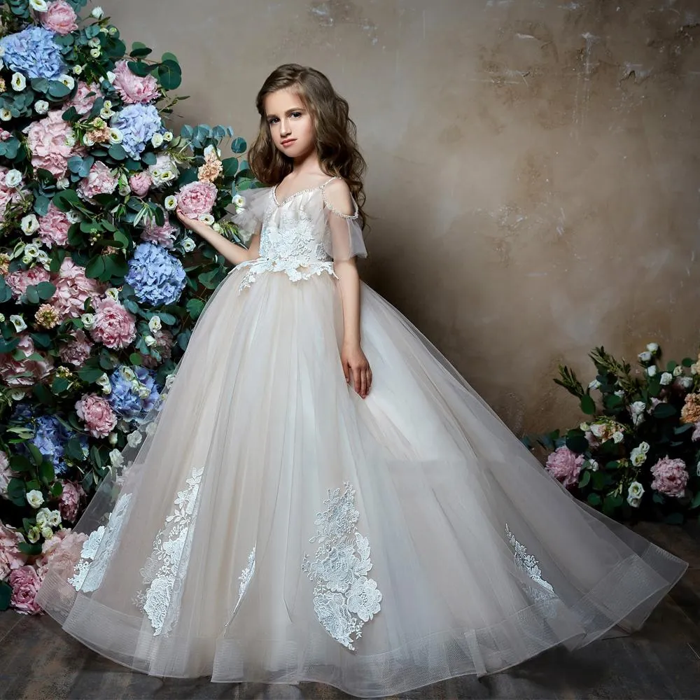 Robes de fille de fleur dos nu pour les mariages robe de bal bretelles spaghetti Tulle dentelle longues robes de première Communion petite fille