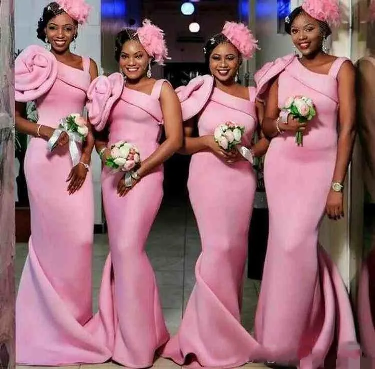 Nigerian Pink African Mermaid Bridesmaid Handmade Flower Floor Length Maid Of Honor Wedding Party Dresses Cheap Formal Gowns