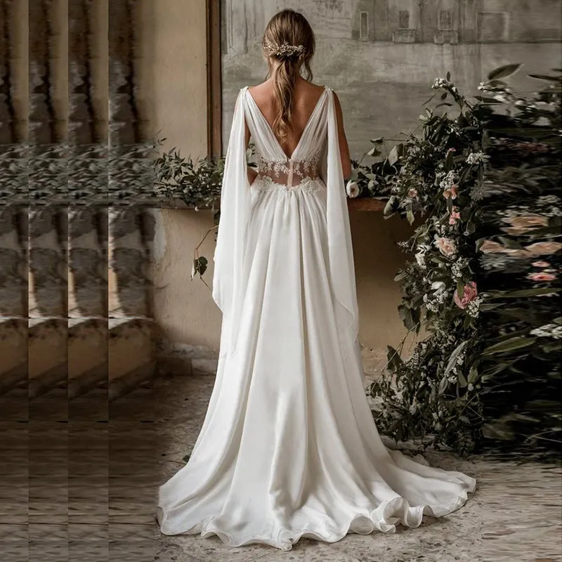 Sexy scollo a V profondo vedere attraverso la vita abito da sposa applique in rilievo che scorre scialle chiffon increspato abiti da sposa abiti da sposa221m