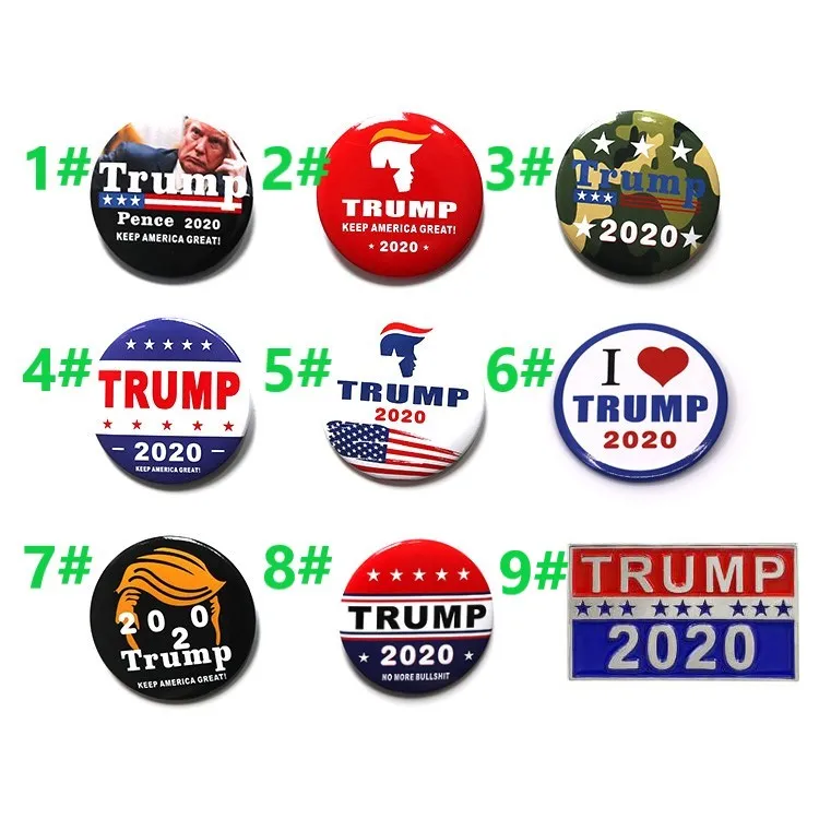 Hot sales 9 types Metal Badge Trump 2020 Button Enamel Pins America President Republican Campaign Political Brooch Coat Jewelry Brooches
