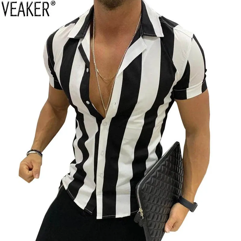 2019 새로운 남성 섹시 슬림 피트 스트라이프 셔츠 남성 캐주얼 스트리트웨어 하이 스트리트 셔츠 남성 여름 반팔 셔츠 탑스 M-3XL