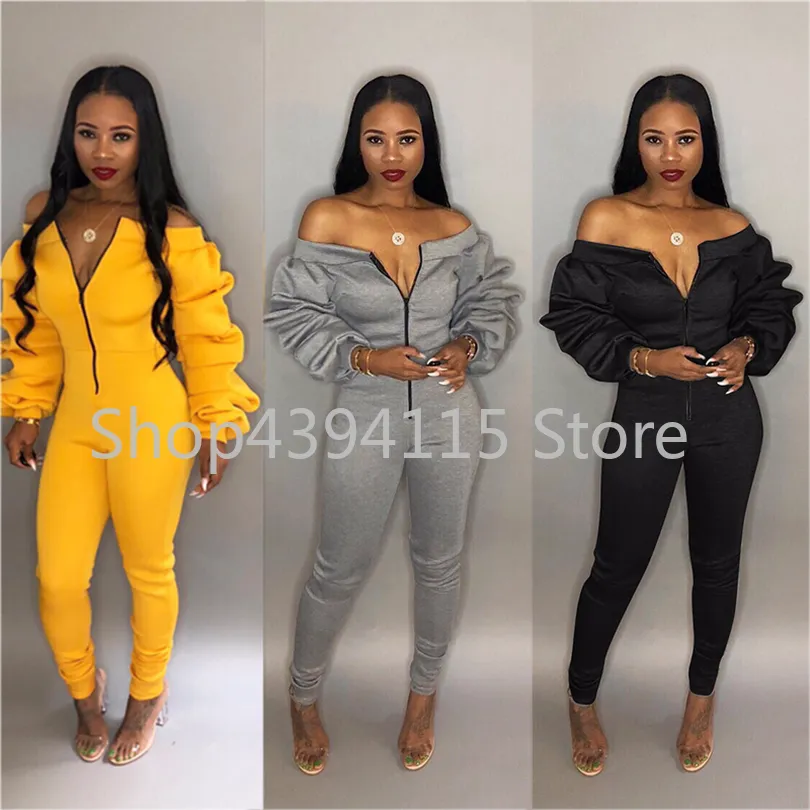 Jumpsuit dragkedja front slash neck av axel lång puff ärm tjocka romer mode överaller kvinnliga jumper kvinnor bodysuit