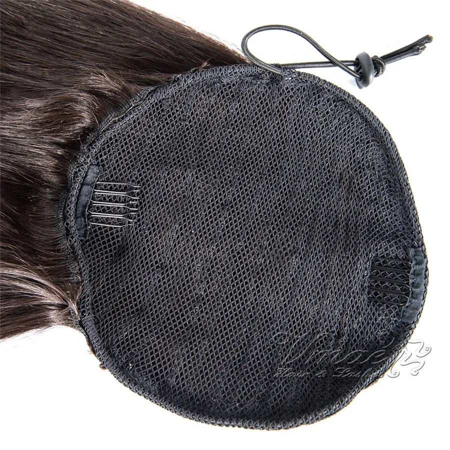 12 till 26 tums mongoliska obearbetade Virgin Drawstring Ponytail silke Straight Natural Black Elastic Slipsar Mänskliga hårförlängningar