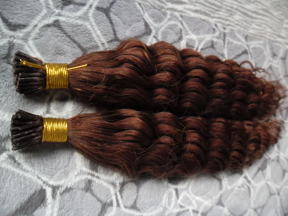 Capelli vergini ricci crespi mongoli della cheratina 200S Fusione di cheratina estensioni dei capelli umani pre-biondi # 33 Marrone ramato scuro Spedizione gratuita 18 "20"