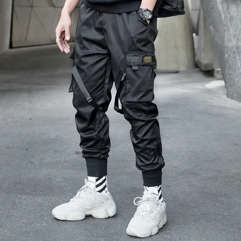 Mens Multi-pocket Ribbons Design Harem Pant Men Streetwear Punk Hip Hop  Casual Trousers Joggers Male Dancing Pant Black WA144