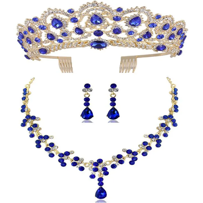 Diezi New Red Green Blue Crown and NecklaceイヤリングジュエリーセットTiara Rhinestoneウェディングブライダルジュエリーセットアクセサリー