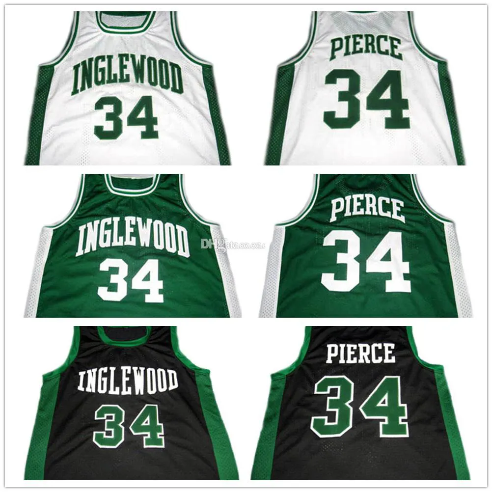 Paul Pierce #34 Inglewood High School 화이트 그린 블랙 레트로 농구 유니폼 Mens Stitched Custom Any Number Name