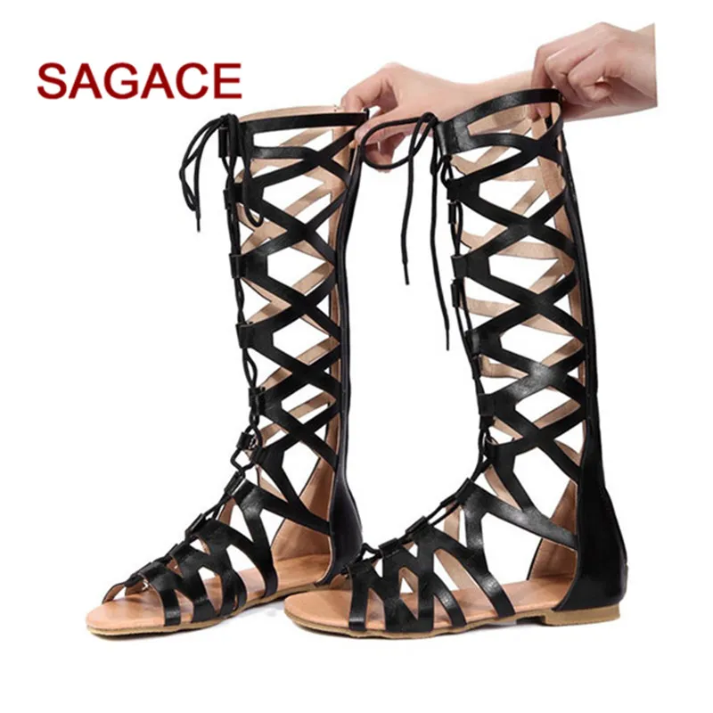 SAGACE Frauen Sandalen Mode Beiläufige Wohnungen Knie Hohe Stiefel Roma Schuhe Sandalen 2020 Sommersandalen für Damen Sandalia Feminina