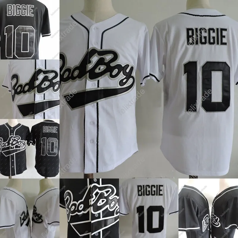 Maillots de baseball Hommes B.I.G. 10 Biggie Smalls Black Jersey The Notorious Movie Bad Boy Blanc Cousu Baseball Film Boutons pas cher Jersey