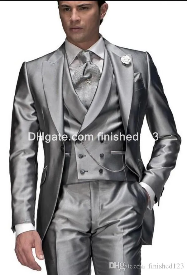 Shiny Silver Grey Groom Tuxedos Man Business Suit Prom Party Blazer Coat Waistcoat Troueres Sets (Jacket+Pants+Tie+Vest) K900