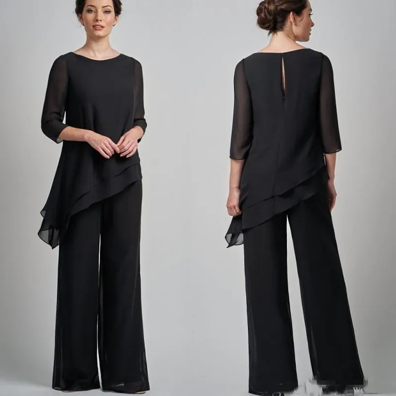 Custom Made Elegant Black Chiffon Mother Of Bride Pantsuits With Jewel