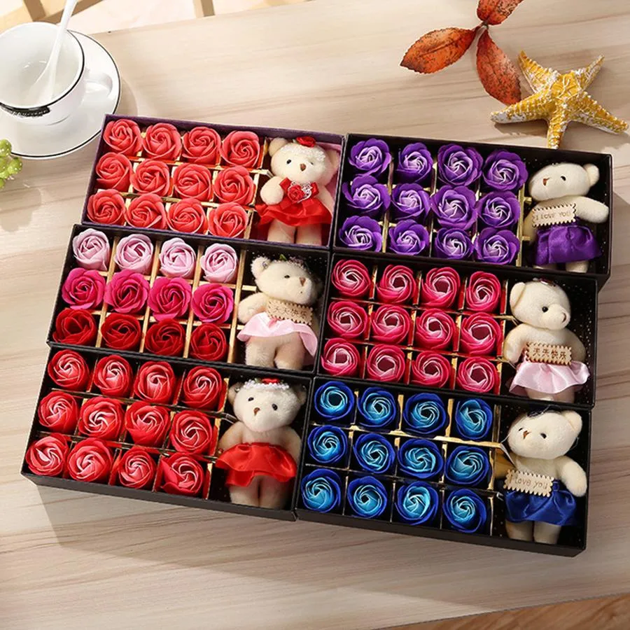 웨딩 생일 선물 RRA2807 로맨틱 장미 비누 꽃과 함께 약간은 귀여운 곰 인형 12PCS 상자 선물 발렌타인 데이 선물