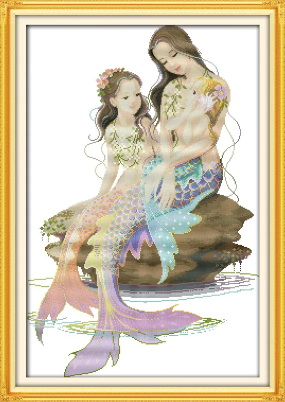 The little mermaid and her mother decor painting ,Handmade Cross Stitch Embroidery Needlework sets counted print on canvas DMC 14CT /11CT
