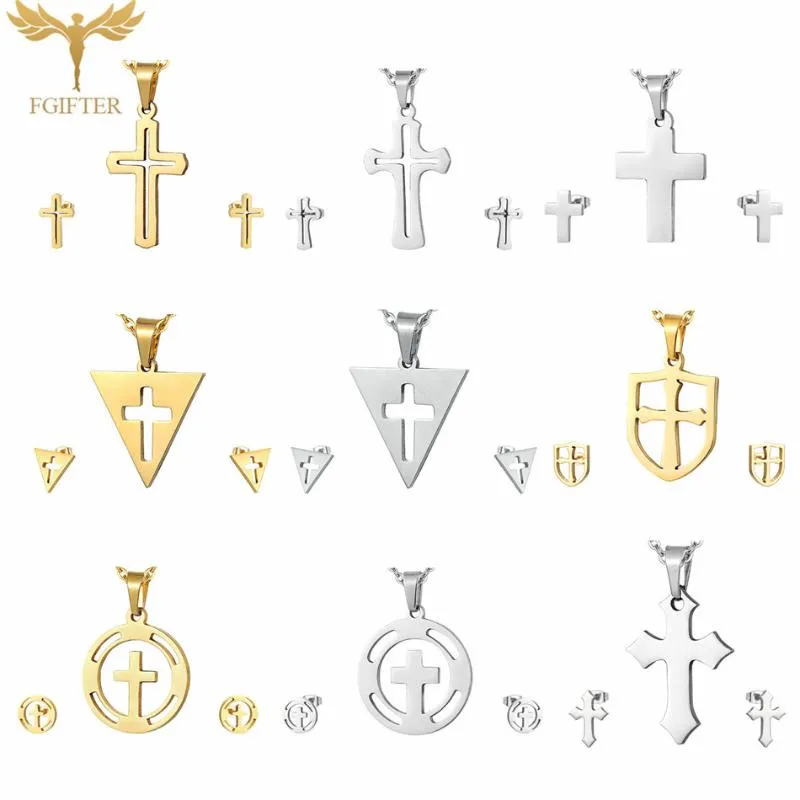 Retro Cross Jewelry Sets for Women Men Choker Jesus Christian Religion Jewelry Stainless Steel Pendant Necklaces Earrings Set