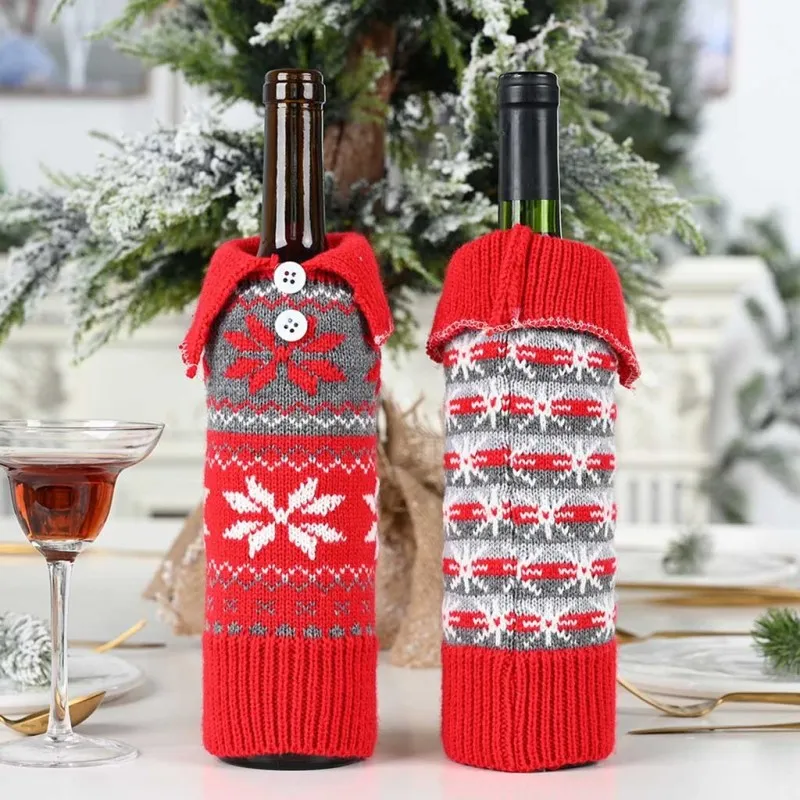 Knitted Christmas bottle cap bag snowflake button knit creative design Christmas table decoration wine bottle bag