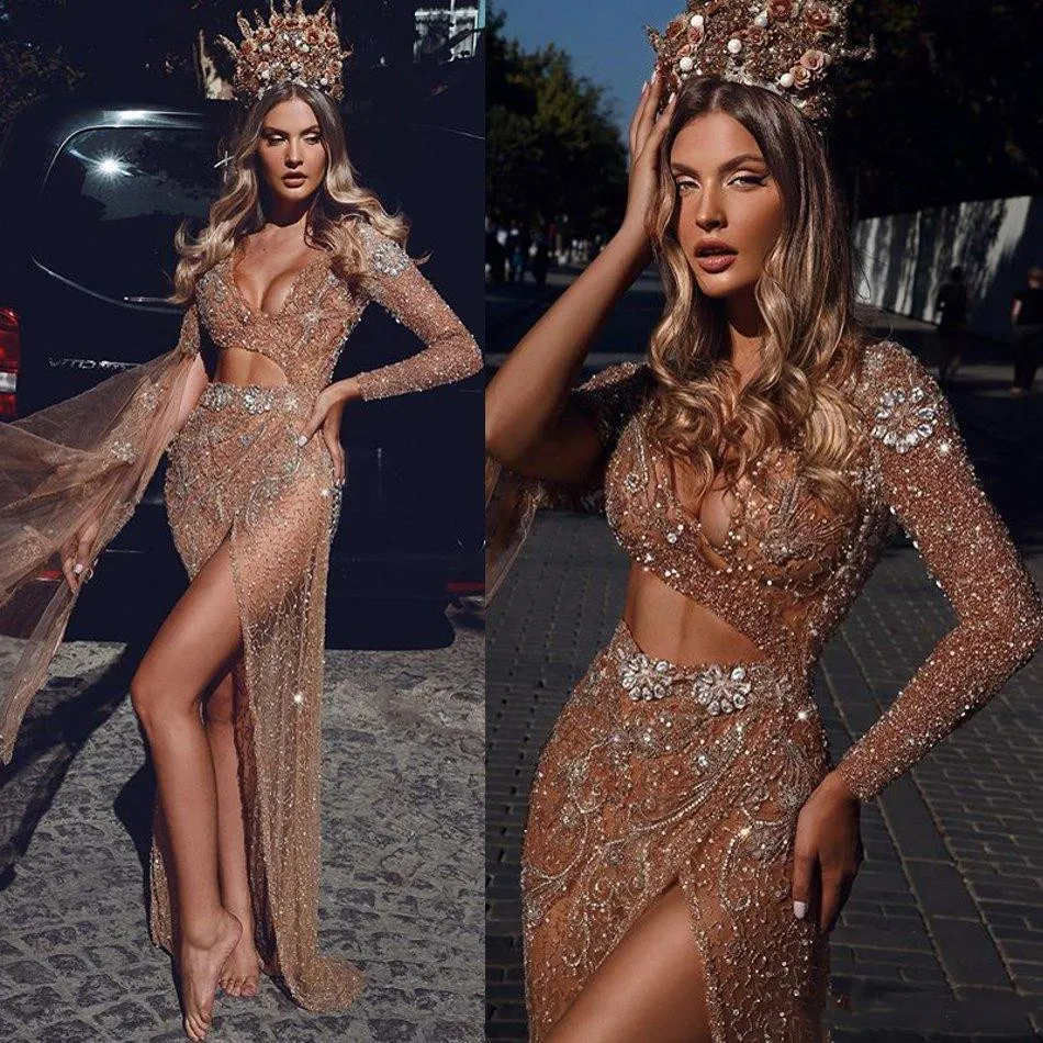 2020 Dubai Sexy Champagne Evening Dresses Rhinestone Sequins Tulle Lace Prom Dress Illusion Bodice Side Split Formal Party Gowns