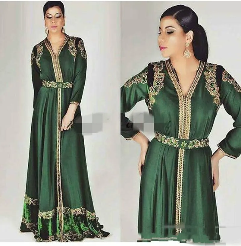 2019 Emerald Green Maroccan Caftan Długim Rękawem Suknie Wieczorowe Custom Make Gold Haft Kaftan Dubai Abaya Arabski Wieczór Nosić Suknie