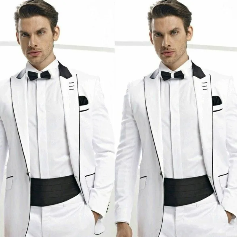 Ny ankomst One Button White Groom Tuxedos Peak Lapel Män Passar 2 stycken Bröllop / Prom / Dinner Blazer (Jacka + Byxor + Tie) W909