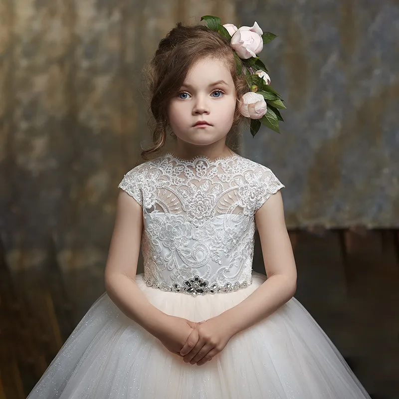 Cap Sleeves Ballgown Flower Girl Dress 2020 Keyhole Back Sweep Train First Communion Dress for Kids Toddler Infant Lace Appliques Custom
