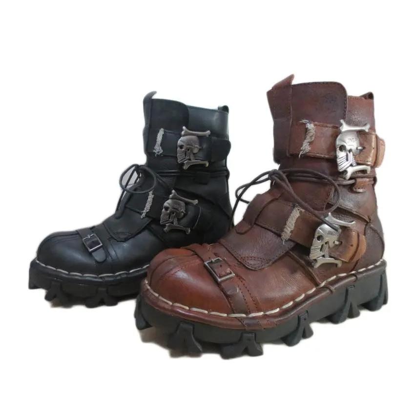 Nouveau 2019 Limted cheville bottes en cuir véritable de haute qualité hommes chaussures boucle en métal punk mâle moto bottes à lacets grande taille chaussures pour hommes rock