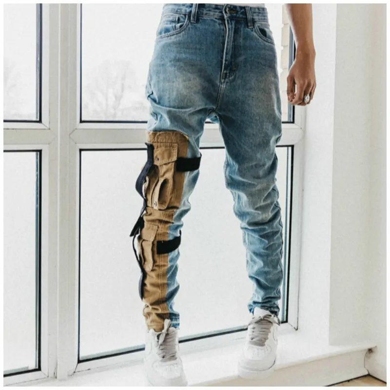 Высококачественные винтажные узкие эластичные джинсовые джинсы хаки карманные патч тревожные байкерские джинсы восемь карманов стайлинг Y19060501