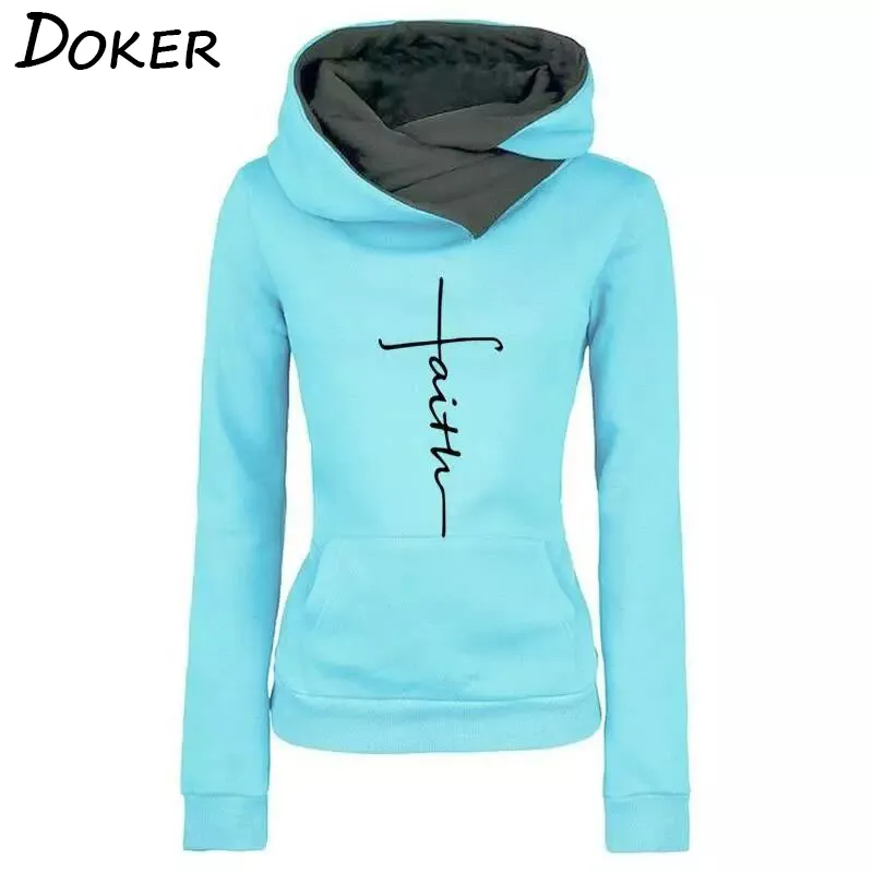 2019 Spring New Faith broderad turn-down krage hoodies kvinnliga tröjor långärmad pullover kvinnlig varma huvtröjor toppar