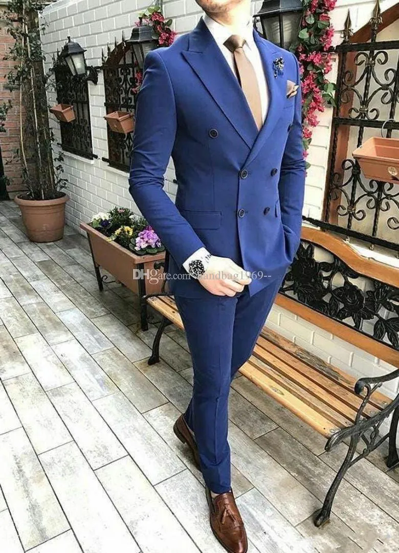 Slim Pasuje double-breasted Navy Blue Groom Tuxedos Peak Lapel Groomsmen Mens Garnitury Ślub / Prom / Dinner Blazer (Kurtka + Spodnie + Krawat) K381