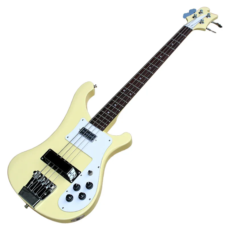 4 cordas corporal amarelo guitarra elétrica baixo com ligação de corpo, pickguard branco, hardware cromado, pode ser personalizado