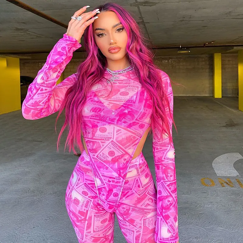 Pink Money Print Sheer Mesh Two Piece Set for Women - Sexy Bodysuit  Leggings Matching Sets for Party Club Outfits 2020