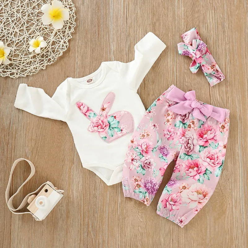 Pasen Kleding Sets Borduurwerk Baby Meisjes Rompertjes Broek Hoofdband 3 Stks Set Bunny Pasgeboren Outfits Meisje Kleding Set DHW2057 Van 2,12 € DHgate