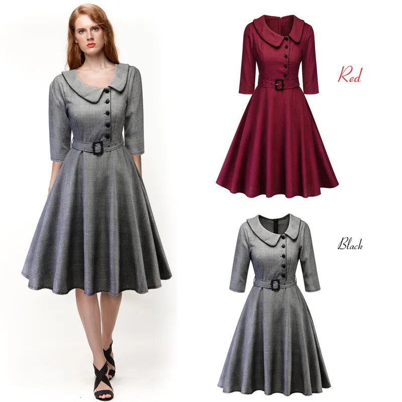 Women Autumn Winter Dress Plaid Check Print Vintage Party Dresses
