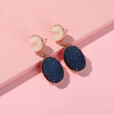 Crystal Earrings Resin Alloy Crystal Tooth Pendant Oval Drop Shape Female Earrings Druzy Drusy Natural Stone Cluster Earrings