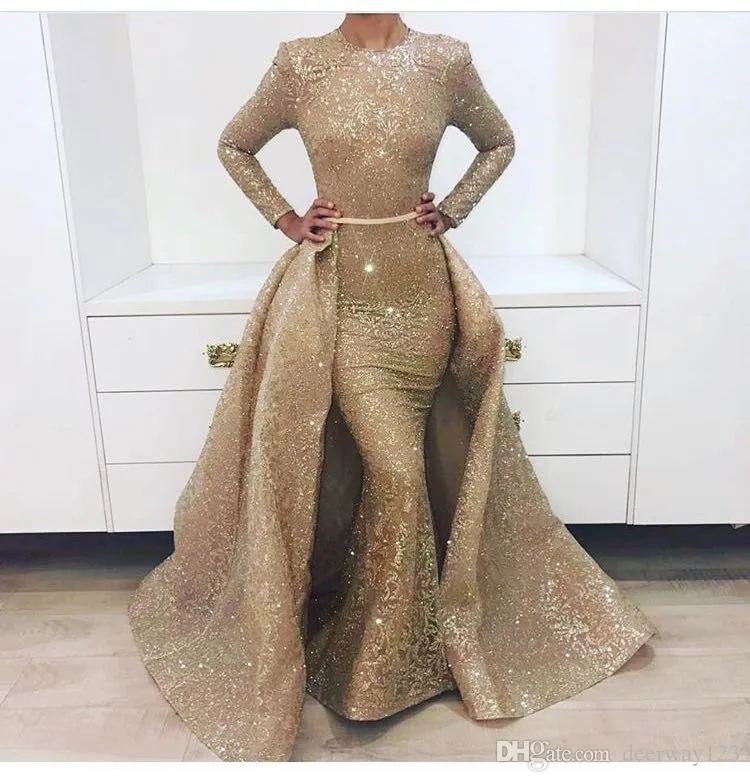 Stunning Jewel Neck Sequin Prom Dresses with Detachable Overlay Skirt Long Sleeves Modest Evening Gowns Custom Made Formal Wear