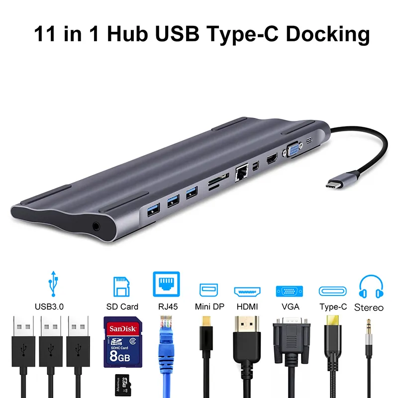 11-em-1 Tipo C Hub USB C Para Portas de Áudio RJ45 Mini DP Porta com Hub TF Reader para MacBook Samsung Huawei