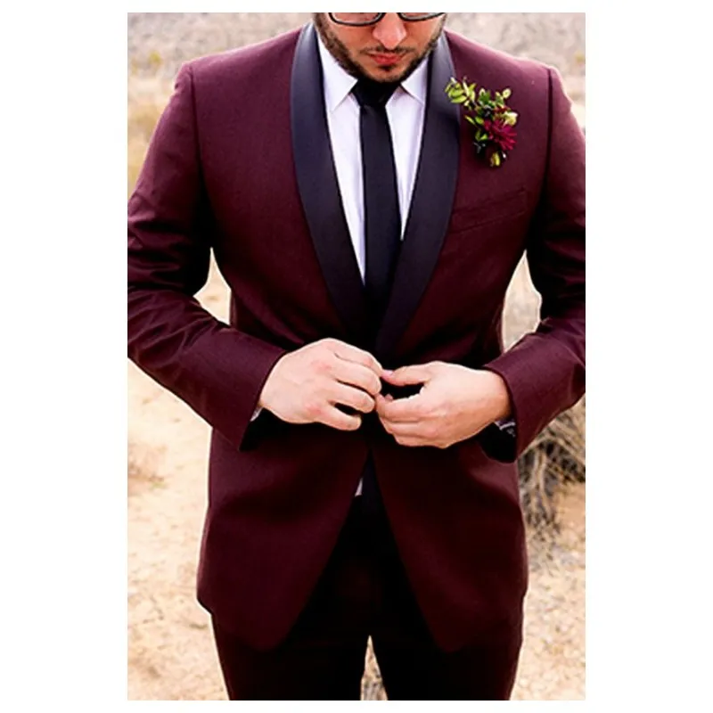 Smokings de mariage bordeaux pour le marié 2019 un bouton châle revers sur mesure hommes formels costumes deux pièces (veste + pantalon)