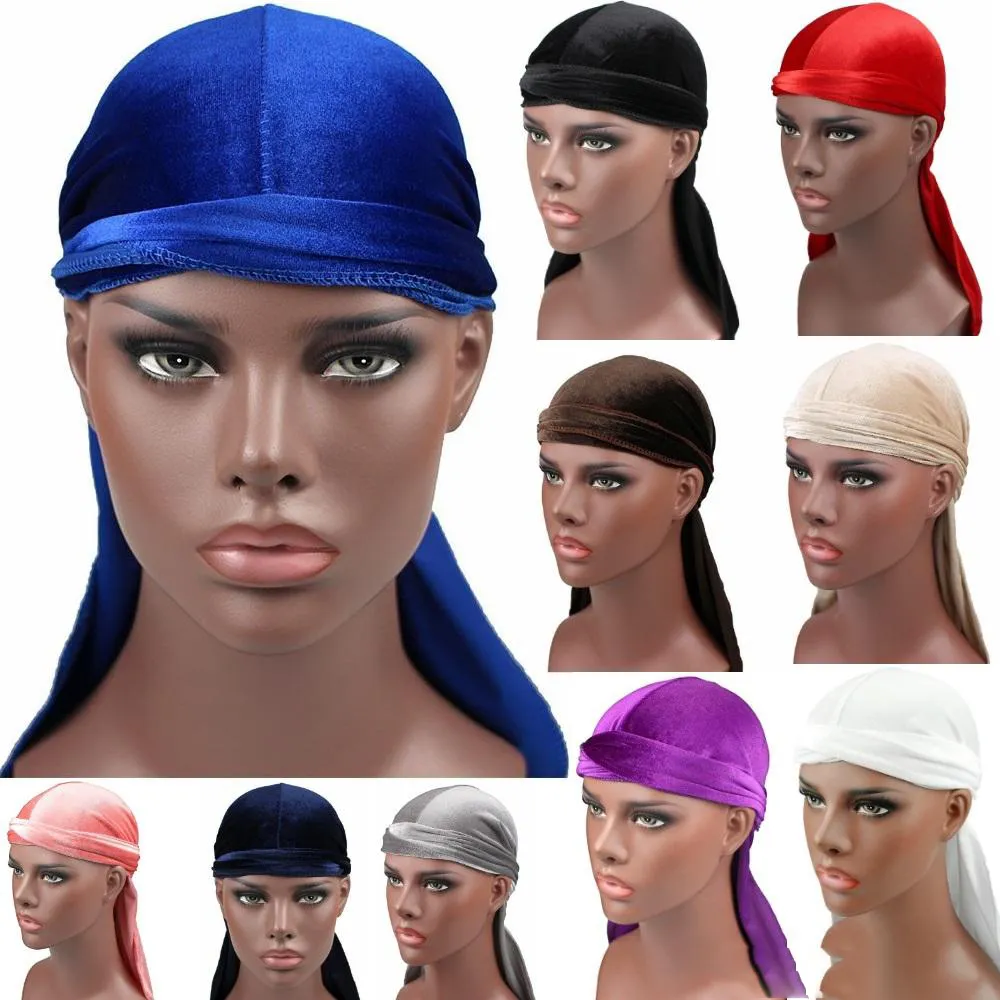 12 Kolory Nowe Unisex Męskie Aksamitne Duragów Bandana Turban Hat Wigs Doo Durag Biker Headwear Headband Piracki Kapelusz Akcesoria do włosów