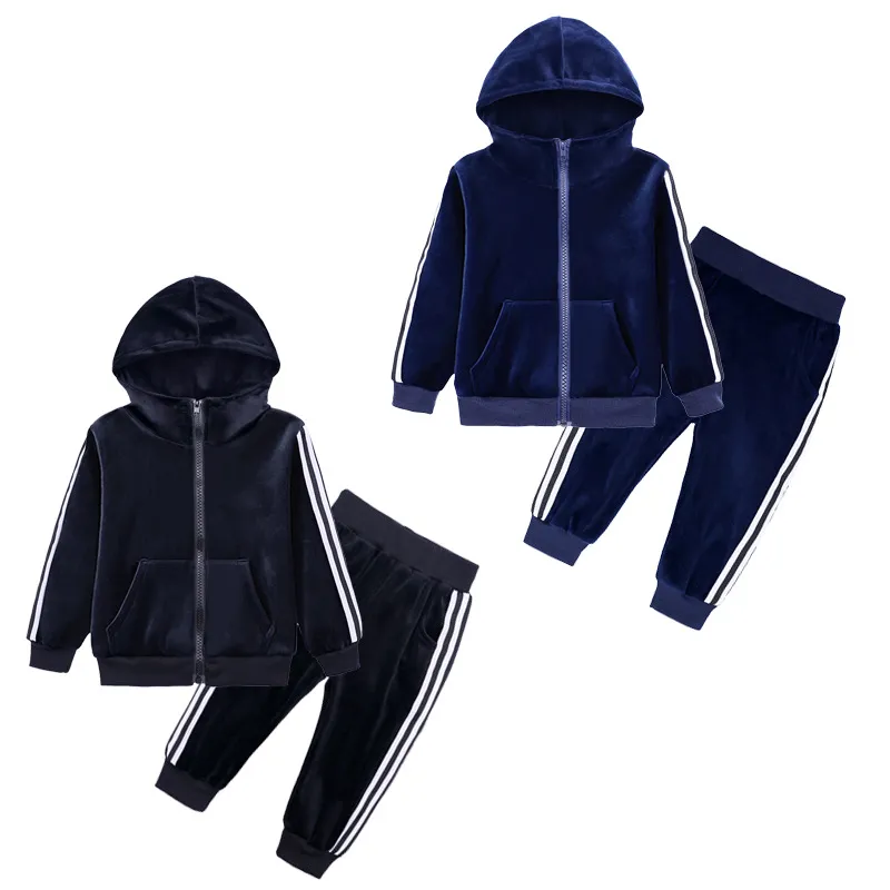 Kinderkleding Sets Kinderen Sportpak 2019 Baby Jongens Gouden Fluwelen Trui Gestreepte Rand Lange Mouwen Rits Tops + Broek 2pcs / Set Kleding M176