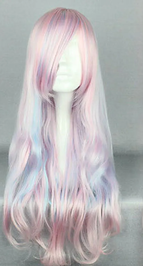 WIG free shipping Women Synthetic Hair Long pink blue Mixed Curly Wavy Costume Cosplay Full Wig