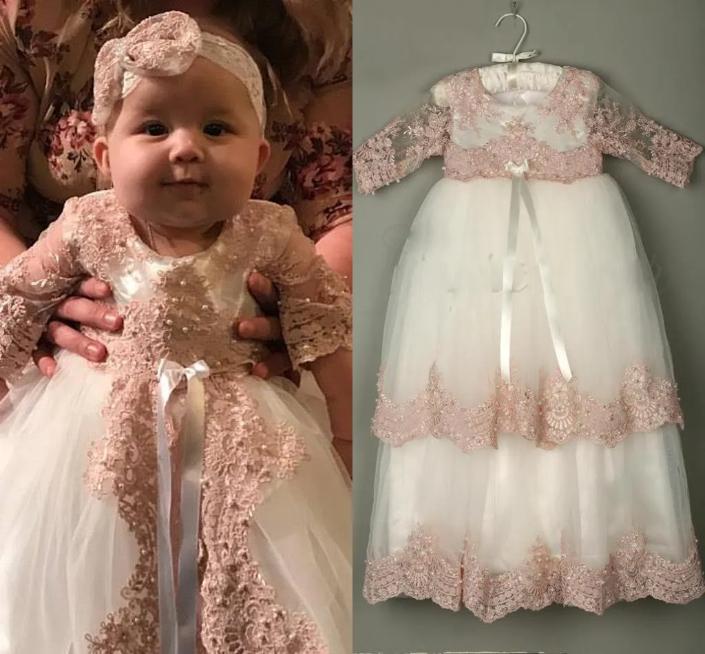 2019 3/4 Long Sleeve Christening Gowns For Baby Girls Lace Appliqued Beads Baptism Dresses With Bonnet First Communication Dress