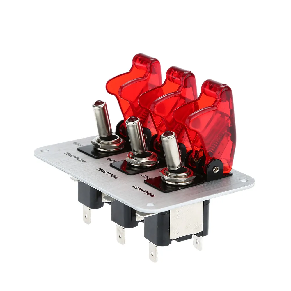 3 Rockers Switch Panel Button Flip-Up Tändning DIY biländringsbrytare med LED-indikering 12V för tävlingssportkonkurrens