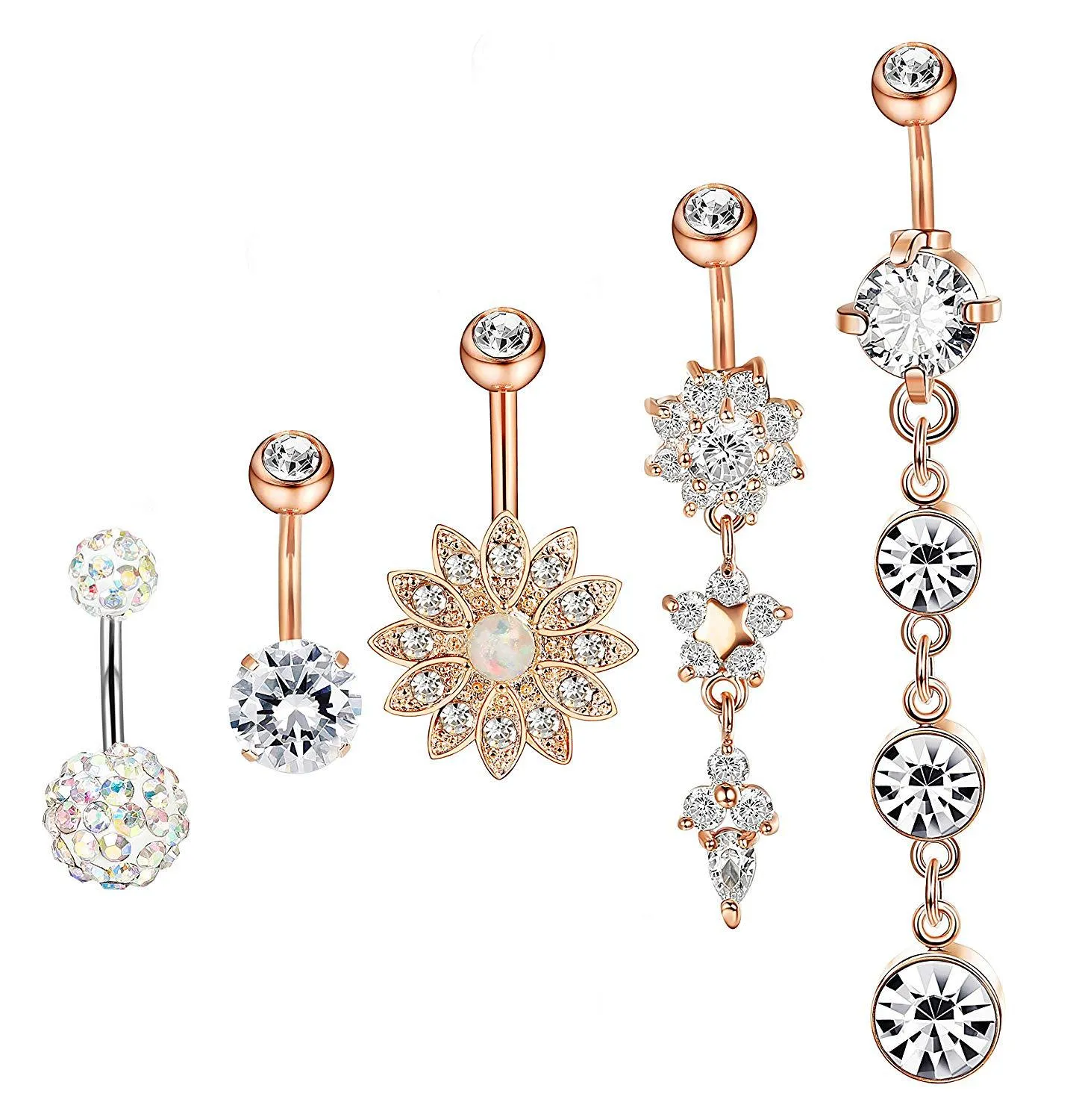 5st/Set Ball Flower Cute Zircon Crystal Body Jewelry Rostfritt stål Rhinestone Navel Bell -knapp Piercing Rings for Women Gift